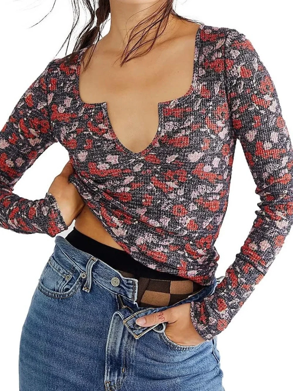Y2K Free People Ciara floral Waffle Knit Top size XS